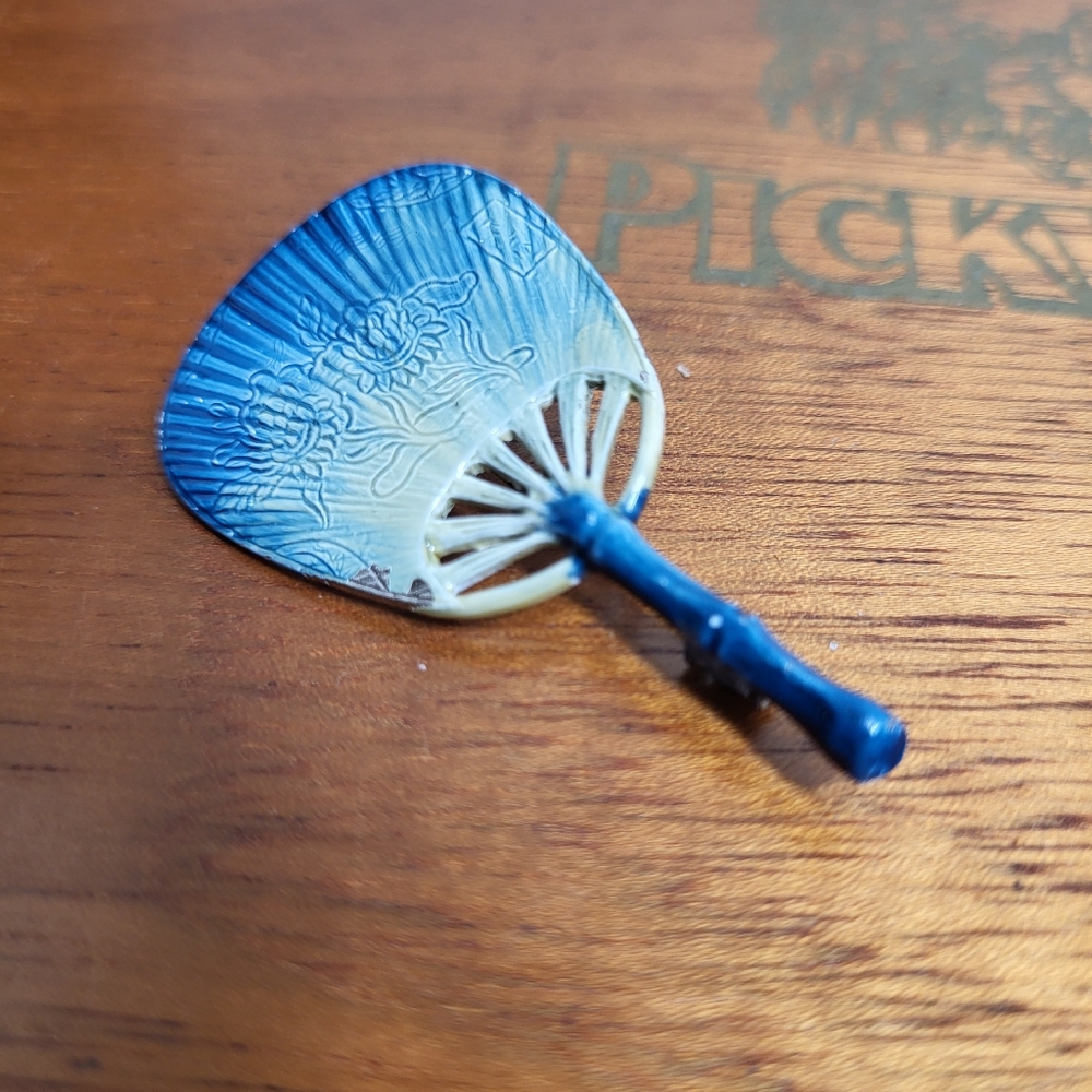 Vintage Ombre Blue Enamel on Silver Tone Metal Asian Floral Fan Brooch